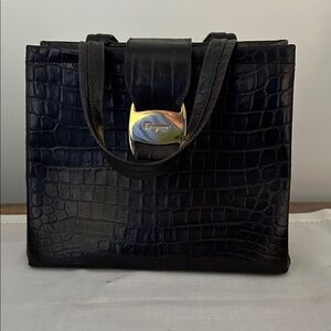 Authentic Salvatore Ferragamo Black Croc-Embossed Satchel